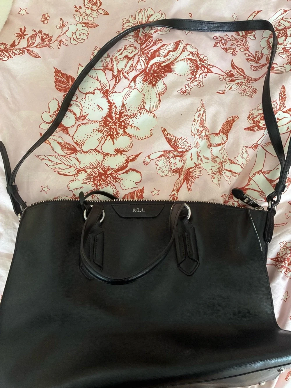 Lauren Ralph Lauren Black Leather Satchel with Silver Hardware